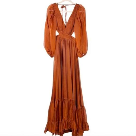 MAC DUGGAL Dress Size 0 Evening Gown Pleated Long Sleeve Lace Up Gown Copper - Picture 3 of 6